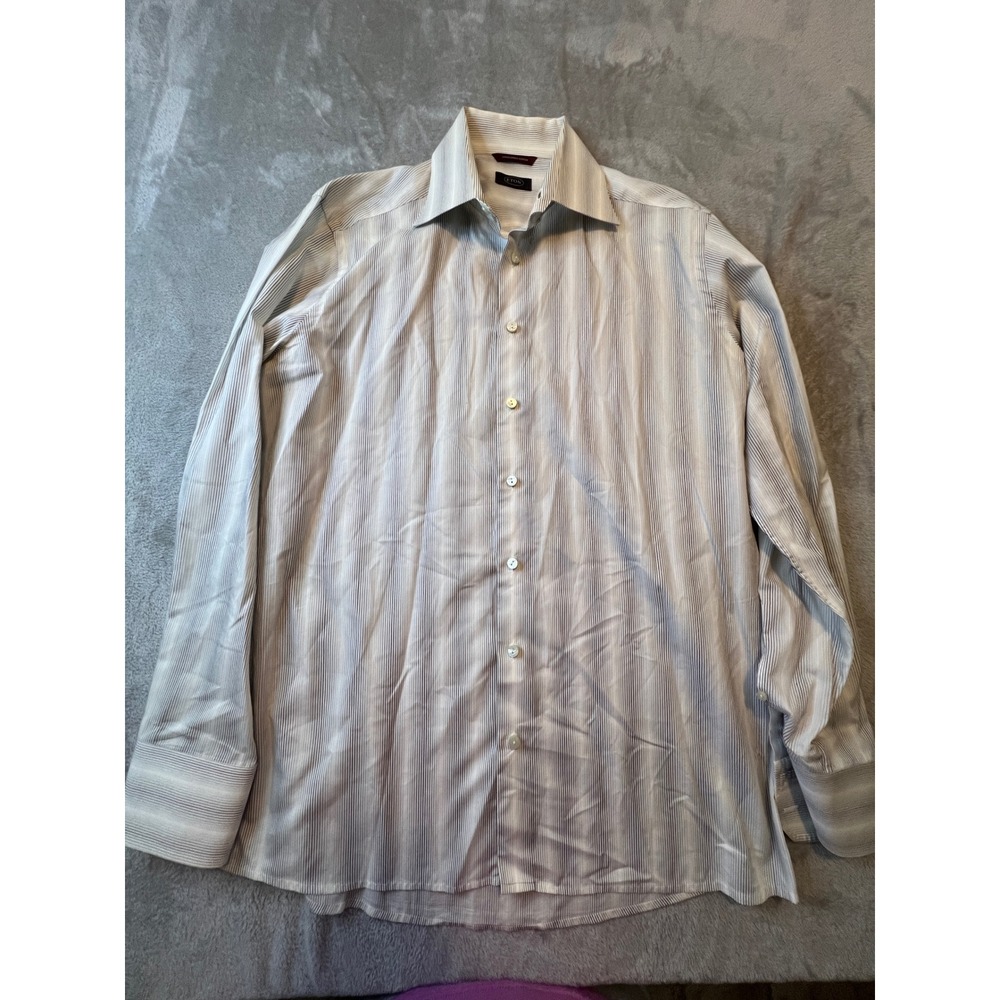 Eton Dress‎ Shirt Mens 17.5 White Gray Wrinklefree Cotton Striped 44